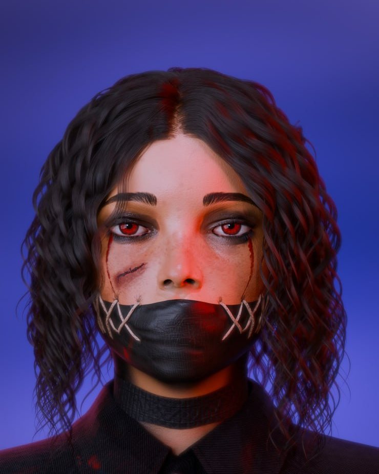 Stylised character bust with red eyes