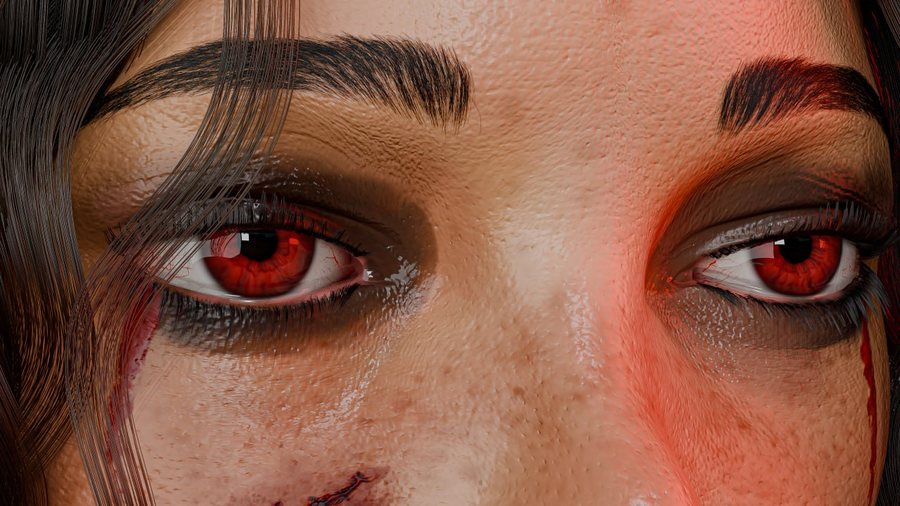 Extreme close detail of the character's eyes