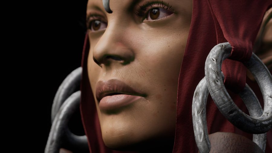 Close detail of the elf warrior's face and jewellery